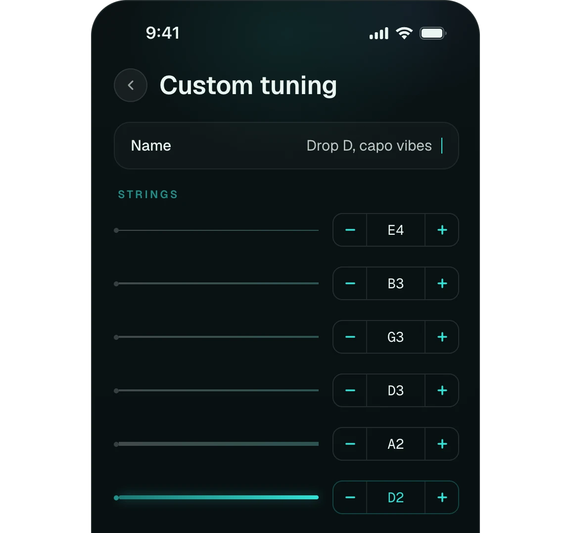 Sointi on a phone: the custom tuning builder, setting each string of a drop-D tuning by hand