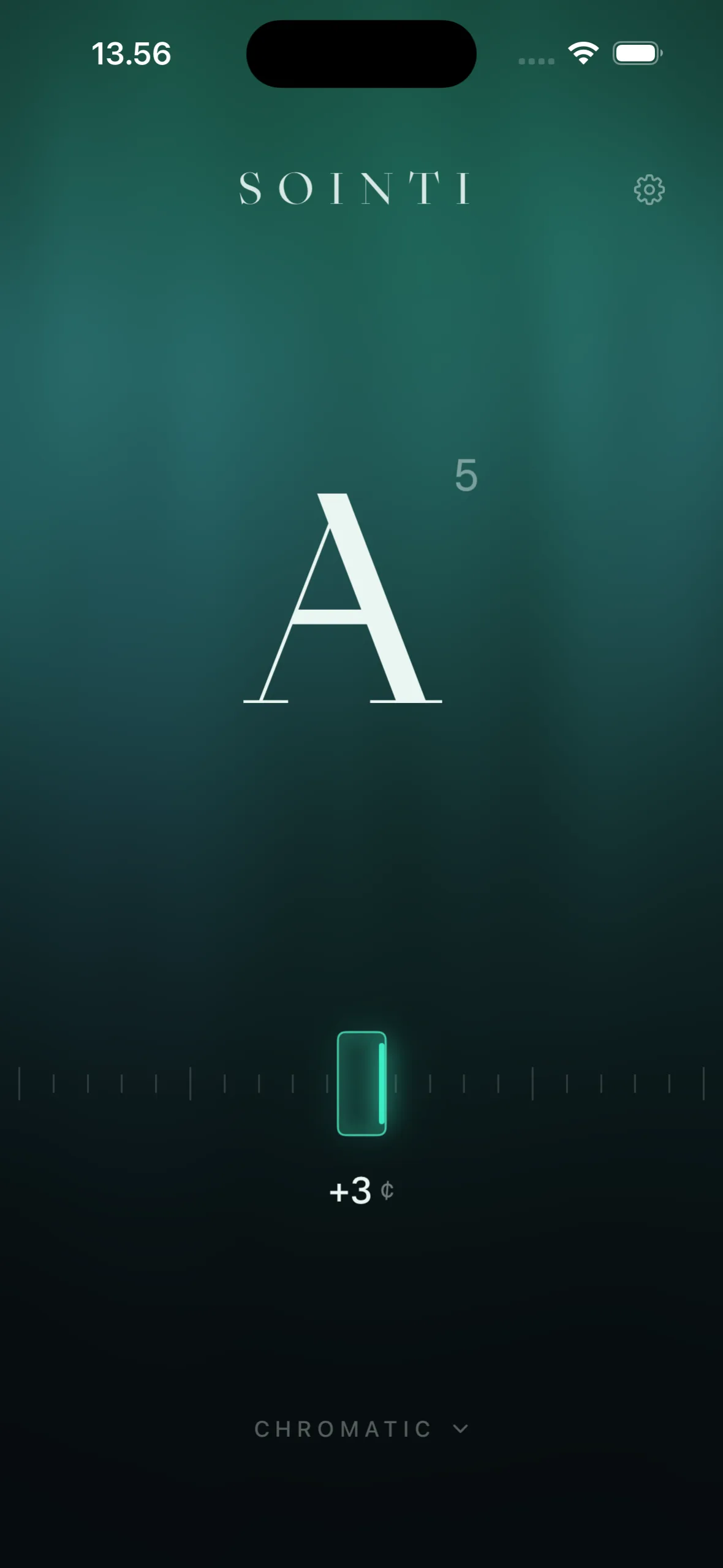 Sointi tuner in chromatic mode showing the note A just 3 cents sharp