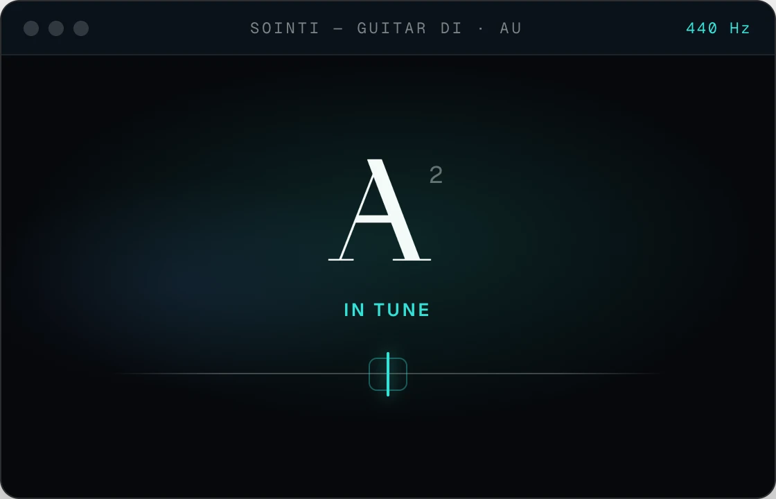 Sointi plugin window in a DAW showing an A in tune
