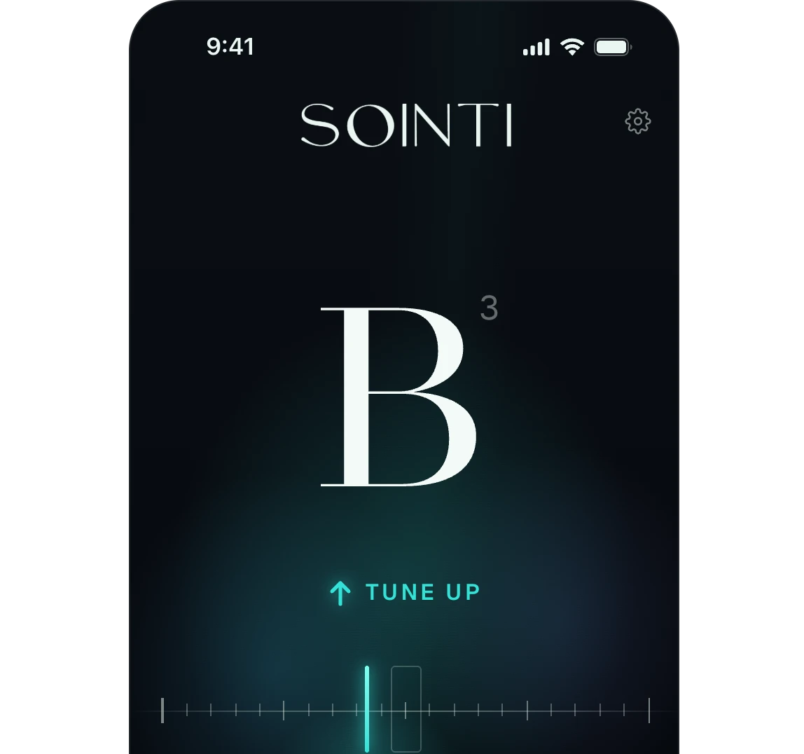 Sointi on a phone: the tuner showing the note B3 with a tune-up hint above the horizon meter